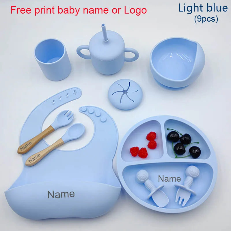 Nine-Piece Personalized Silicone Feeding Set with Suction Bowl, Divided Plate, Pocket Bib, Cups and Utensils for Supervised Baby Mealtimes