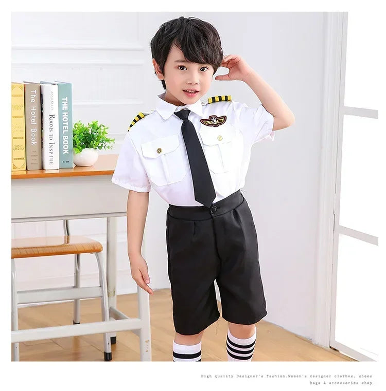 Kids Pilot Costume for Boys and Girls, Airline Captain Uniform-Style Outfit with Short Sleeve Shirt Styling for Career Day and Halloween