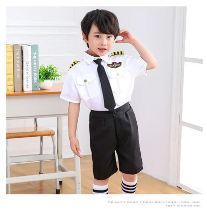 Kids Pilot Costume for Boys and Girls, Airline Captain Uniform-Style Outfit with Short Sleeve Shirt Styling for Career Day and Halloween
