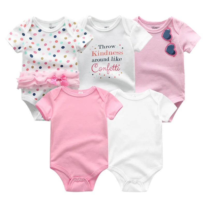 Infant Cotton Bodysuits 5-Pack with Short Sleeves and Envelope Shoulders, Solid Colors and Playful Prints for Baby Boys and Girls, Sizes 3M-12M
