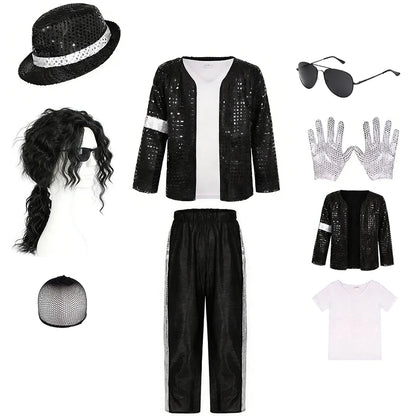 Kids Pop Star Costume with Black Sequin Jacket and Pants Set Options, Retro Dance Performance Outfit for Halloween and Parties, Sizes S-XL