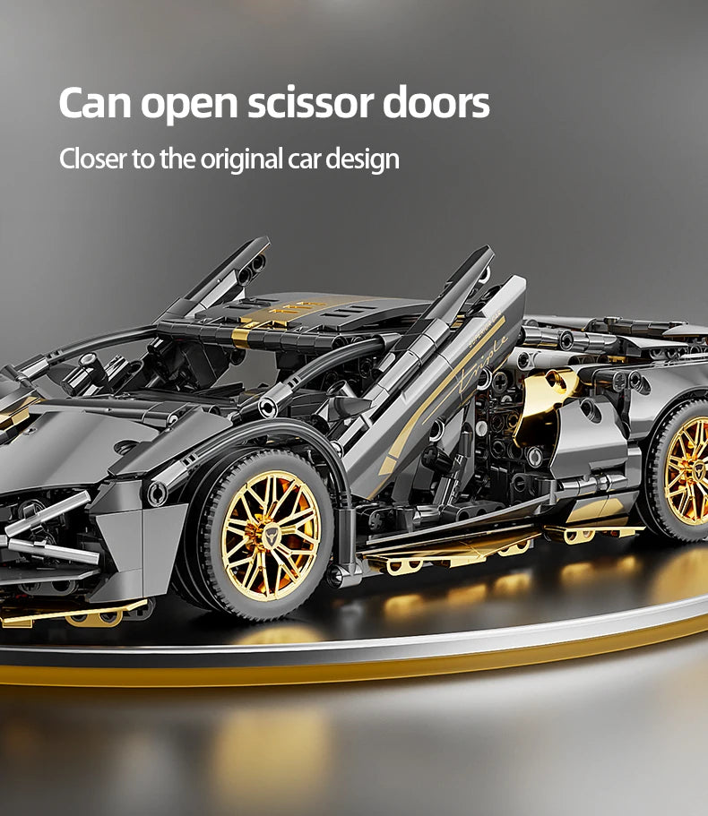 Supercar Building Set, 1280-Piece Black and Gold 1:14 Scale Sports Car Model with Adjustable Rear Wing and Opening Cockpit by KAVOWORLD