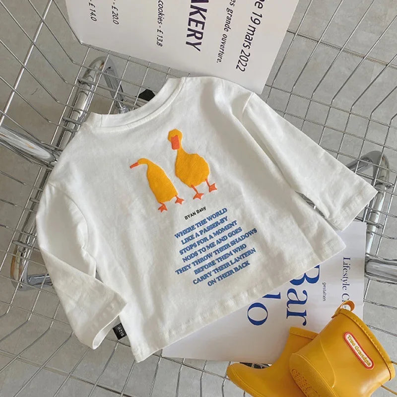 Duck Print Kids Long Sleeve T-Shirt with Crewneck and Letter Graphic, Loose Cotton Casual Top in White or Black for Spring Outfits, Sizes 90-140