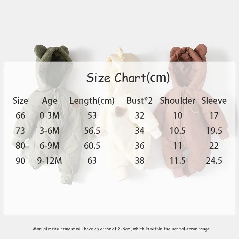 Winter Baby Bear Snowsuit, Quilted Hooded One-Piece with Plush Lining, Front Zipper and Ribbed Cuffs for Infant Boys and Girls