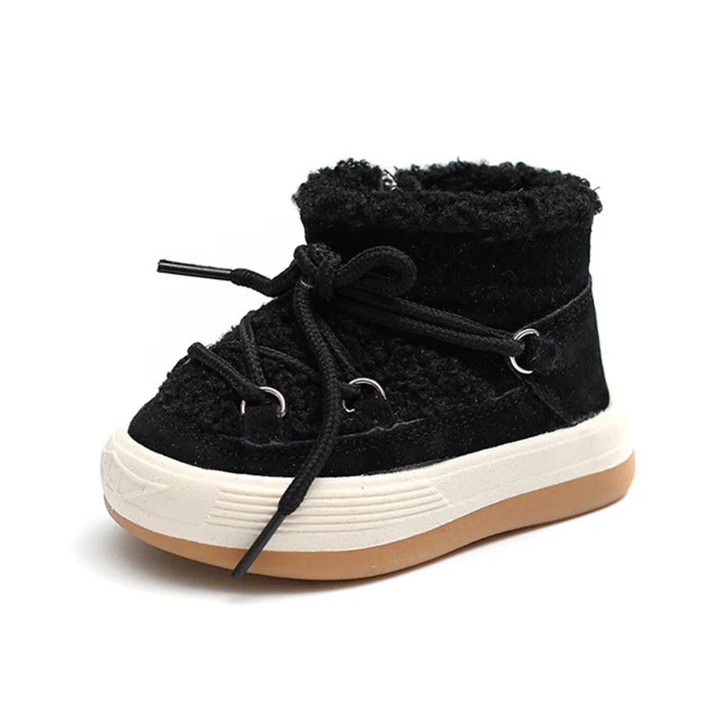 Toddler Plush Panel Lace-Up Boots with Rubber Soles and Cozy Cuffs, Beige, Black or Pink Winter Ankle Shoes for Boys and Girls, 12-15.5 cm Insoles