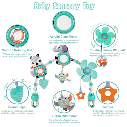 Musical Baby Toy Arch with Animal Rattle, Mirror and Spinning Windmill, Foldable Clip-On Sensory Activity Bar for Compatible Strollers