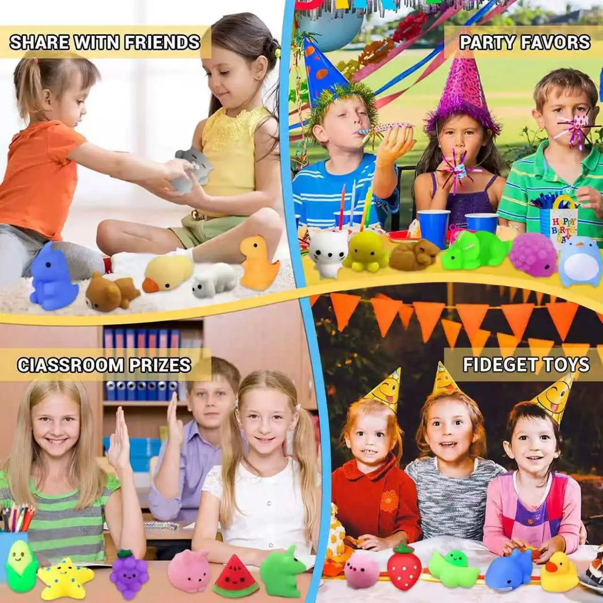 Mochi Squishy Party Favors, Mini Animal and Fruit Squeeze Fidget Toys in Random Assorted Packs for Birthday Goodie Bags and Classroom Prizes