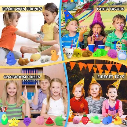 Mochi Squishy Party Favors, Mini Animal and Fruit Squeeze Fidget Toys in Random Assorted Packs for Birthday Goodie Bags and Classroom Prizes