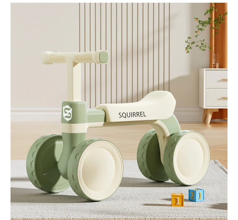 Toddler Four-Wheel Ride-On Bike in Green or Orange with Pedal-Free Design, Straight Handlebars and Shaped Seat for Supervised Play