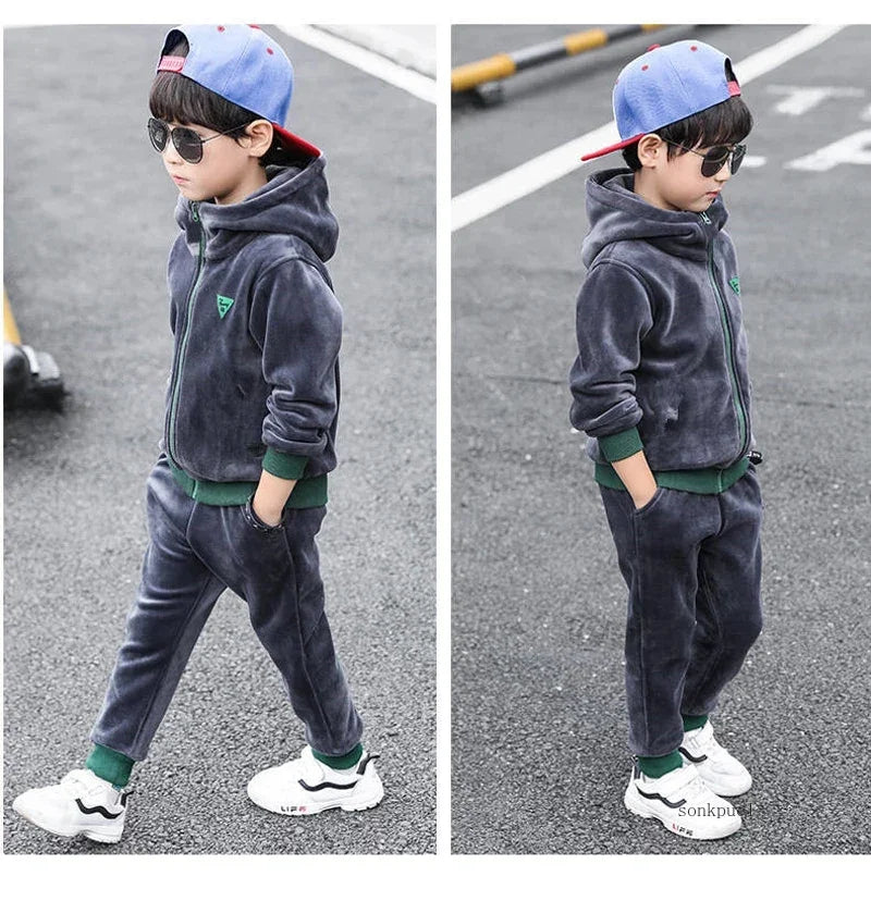 Boys Winter Tracksuit Set with Velvet-Texture Zip-Up Hooded Jacket and Matching Pants, 2-Piece Polyester Outfit for Ages 3-10