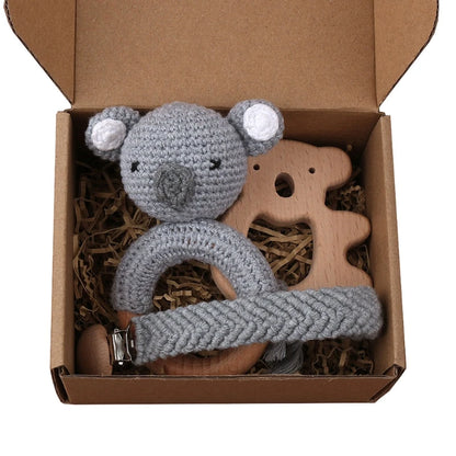 Crochet Animal Rattle Set with Wooden Ring and Coordinating Accessories, Rabbit, Deer and More Designs for Supervised Play and Baby Shower Gifts
