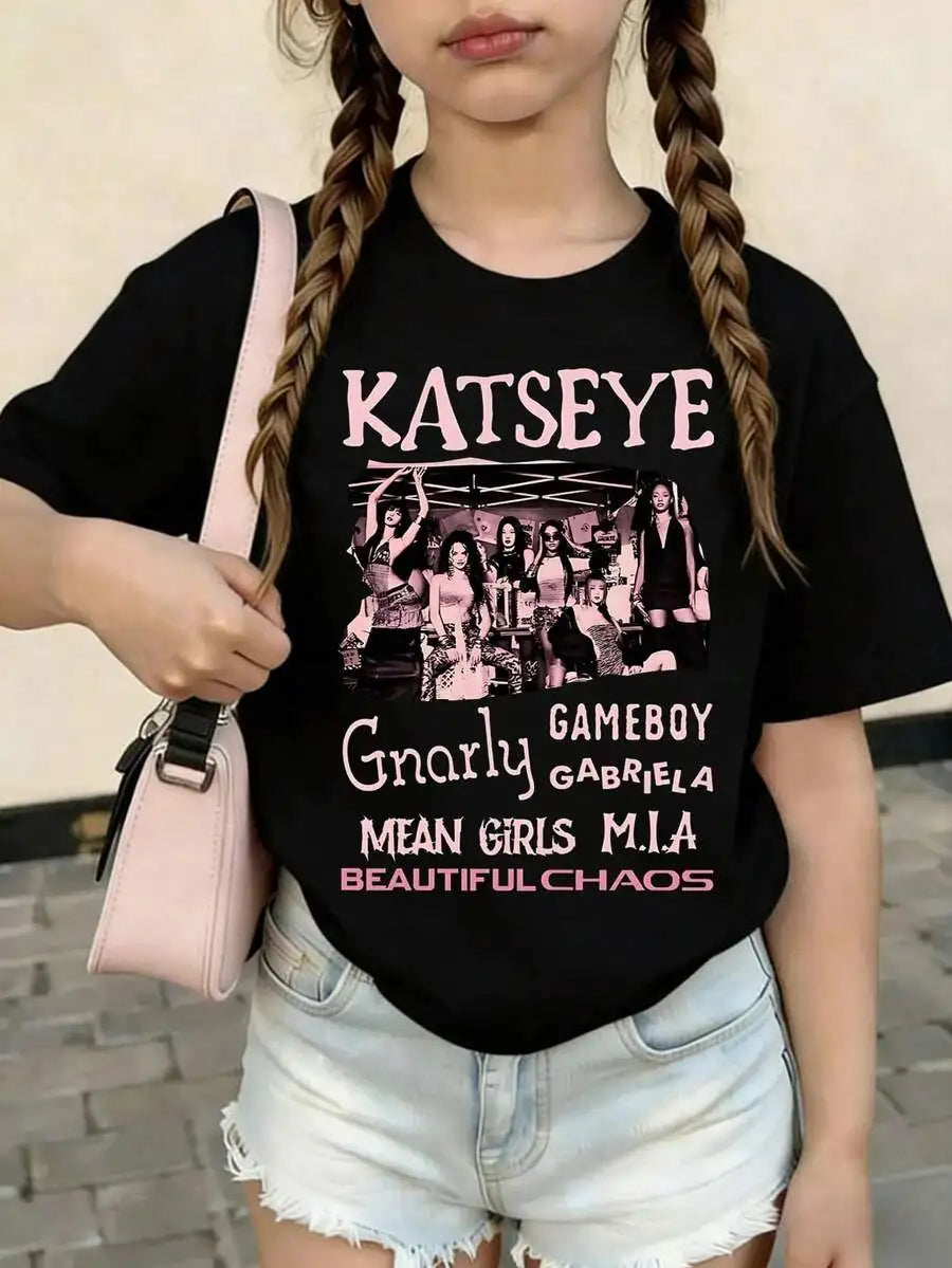 KATSEYE Graphic T-Shirt for Kids and Teens, Black Crew Neck Short Sleeve Tee with Pink Group Photo Print for Casual Fan Outfits, Sizes 7–16Y