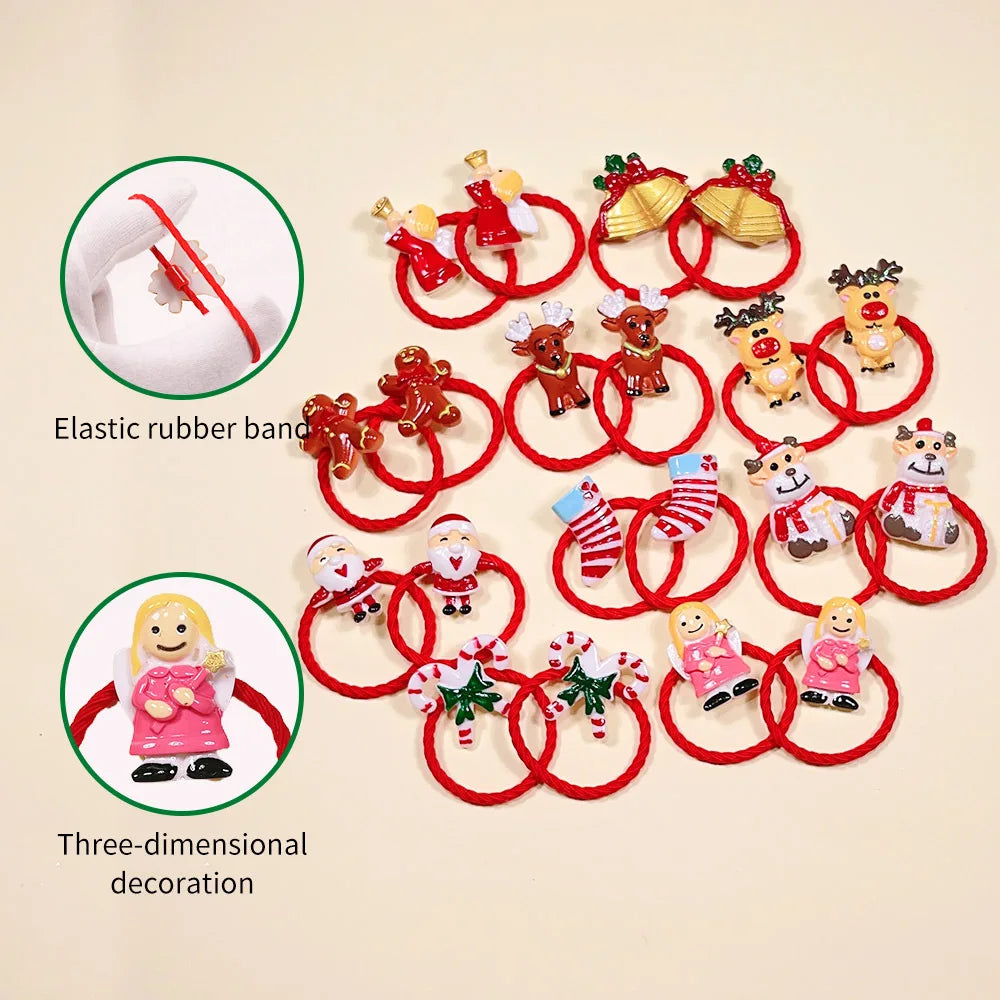 Christmas Hair Ties for Girls, 20-Piece Red Elastic Ponytail Holder Set with Santa, Reindeer, Bells and Festive Charms for Holiday Hairstyles