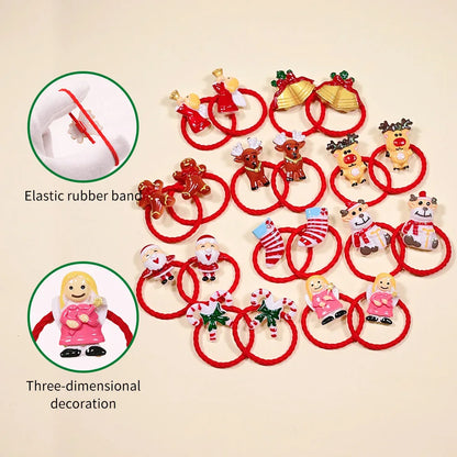 Christmas Hair Ties for Girls, 20-Piece Red Elastic Ponytail Holder Set with Santa, Reindeer, Bells and Festive Charms for Holiday Hairstyles