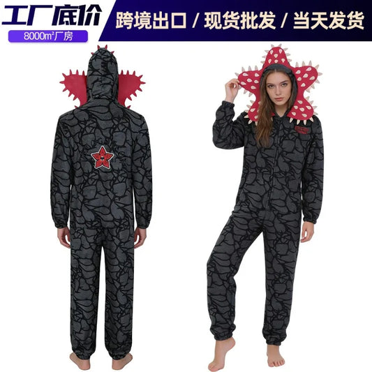 Demogorgon Costume for Kids and Adults, Black Flannel Monster Hooded Jumpsuit with Flower Face Design for Halloween Parties and Cosplay
