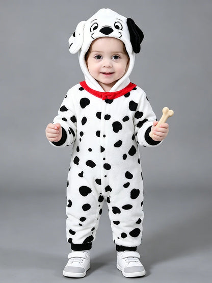 Baby Dalmatian Costume with Puppy Hood, Flannel Animal Jumpsuit for Infants and Toddlers, Halloween Dress-Up and Photo Outfits
