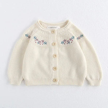 Contrast-Trim Ruffle Collar Baby Girl Cardigan Styles with Button Front and Long Sleeves, Infant and Toddler Knit Sweater Options in Sizes 3M-3T