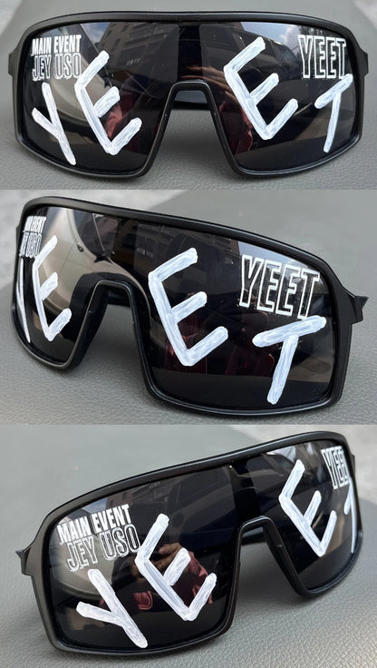YEET Graphic Sunglasses with Jey Uso Main Event Lettering, Colorful Shield-Style Fan Shades in Children's and Adult Options for Party Outfits