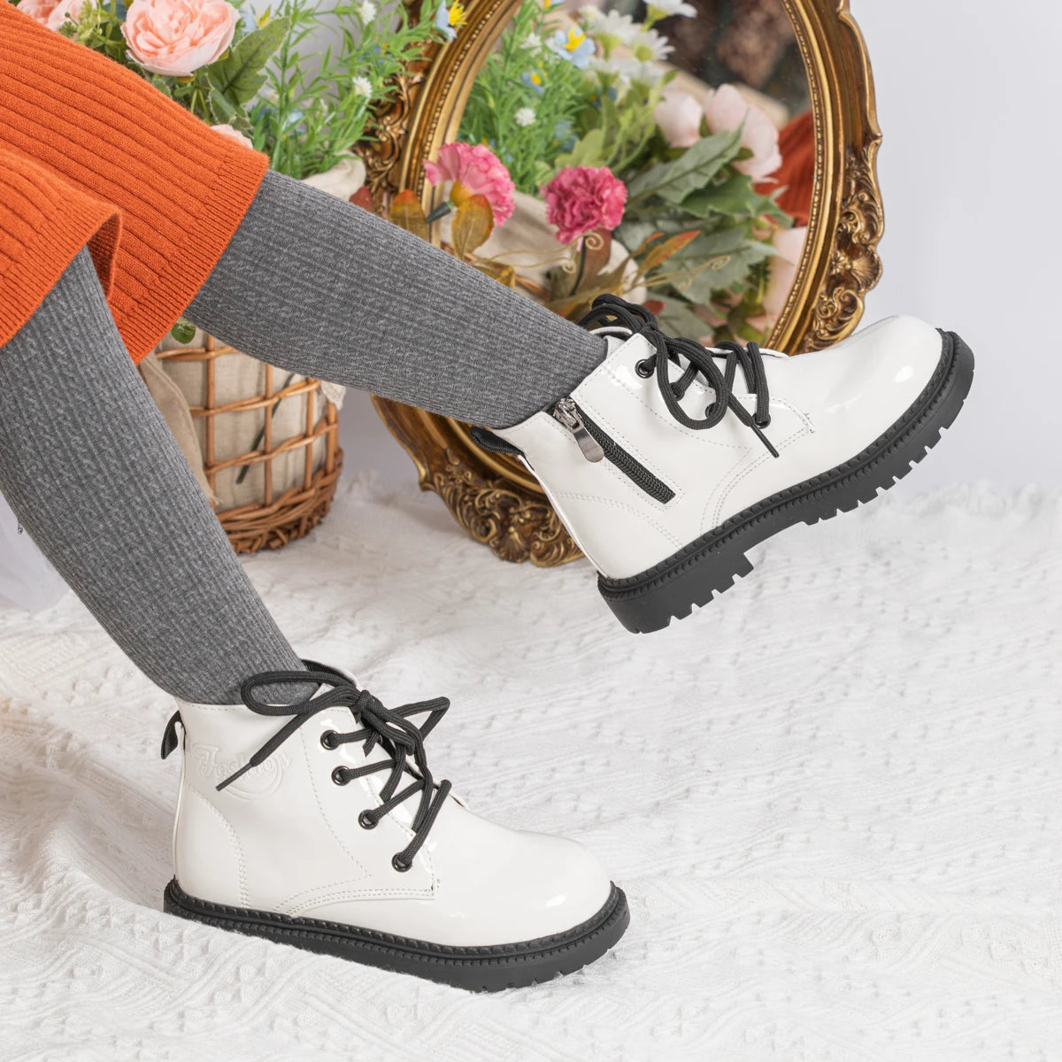 Kids PU Leather Combat Ankle Boots with Lace-Up Front, Side Zipper and Black Chunky Soles, Boys and Girls Fall Winter Shoes in Sizes 21-30