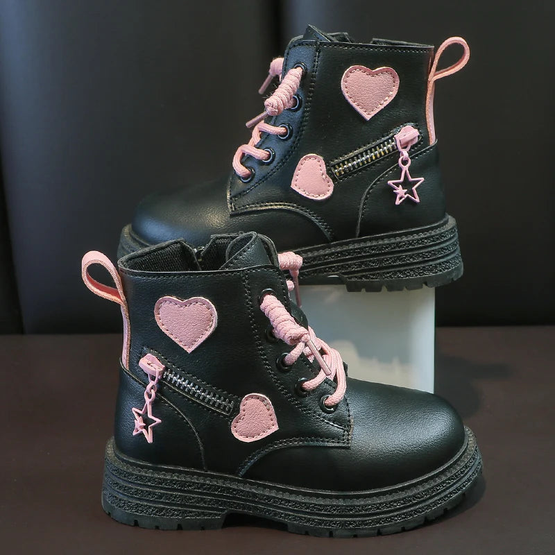 Girls Heart Ankle Boots with Lace-Up Front, Side Zipper and Star Accents, Pink or Black Fashion Shoes with Optional Plush Lining, Sizes 26–37