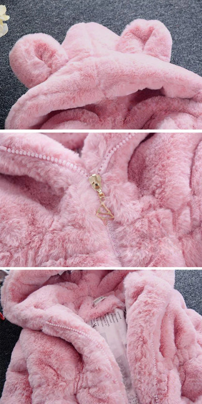 Girls Faux Fur Winter Coat with Bear Ear Hood and Zip Front, Plush-Look Toddler Jacket in Red, Beige, Black or Pink, Sizes 2T–7T