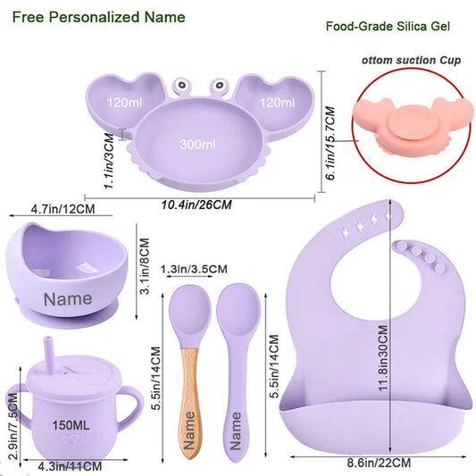 Crab Silicone Suction Plate Feeding Set, Personalized Divided Baby Tableware in 3-Piece or 8-Piece Options for Supervised Meals and Snacks