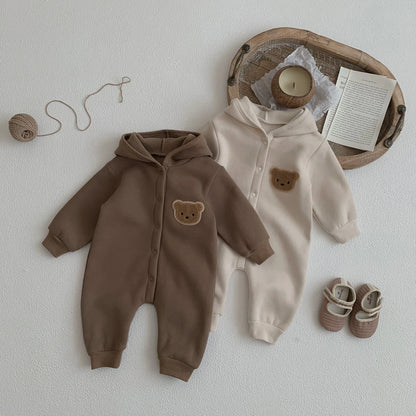 Baby Hooded Snap Front Jumpsuit with Bear Patch, Long Sleeve One-Piece Outfit in Coffee or Beige for Boys and Girls, Sizes 3M-18M