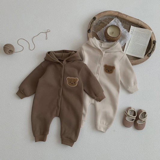 Baby Hooded Snap Front Jumpsuit with Bear Patch, Long Sleeve One-Piece Outfit in Coffee or Beige for Boys and Girls, Sizes 3M-18M