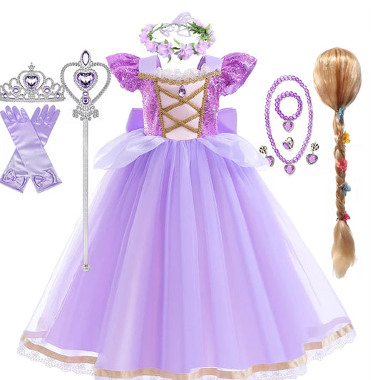 Purple Princess Costume Dress for Girls, Rapunzel-Inspired Puff Sleeve Mesh Party Gown for Birthday Dress-Up and Halloween Celebrations