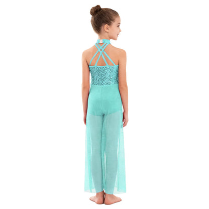 Girls Sequin Dance Jumpsuit with Split Wide-Leg Mesh, Sleeveless Mock Neck and Crisscross Back for Lyrical Recitals and Stage Performances