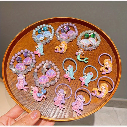 Mermaid Jewelry Set for Girls, 6-Piece Shell Bracelet, Ear Cuffs and Hair Accessories in a Gift Box for Princess Dress-Up, Birthdays and Christmas