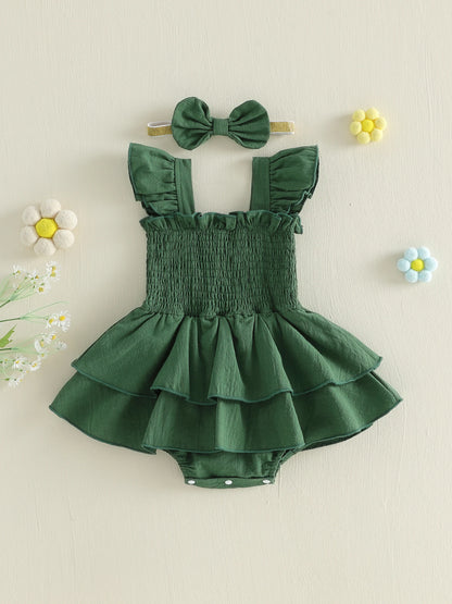 Tiered Baby Girl Romper Dress with Bow Headband, Smocked Cotton Blend Bodice and Flutter Straps, Solid Color Summer Outfit for 0-18 Months