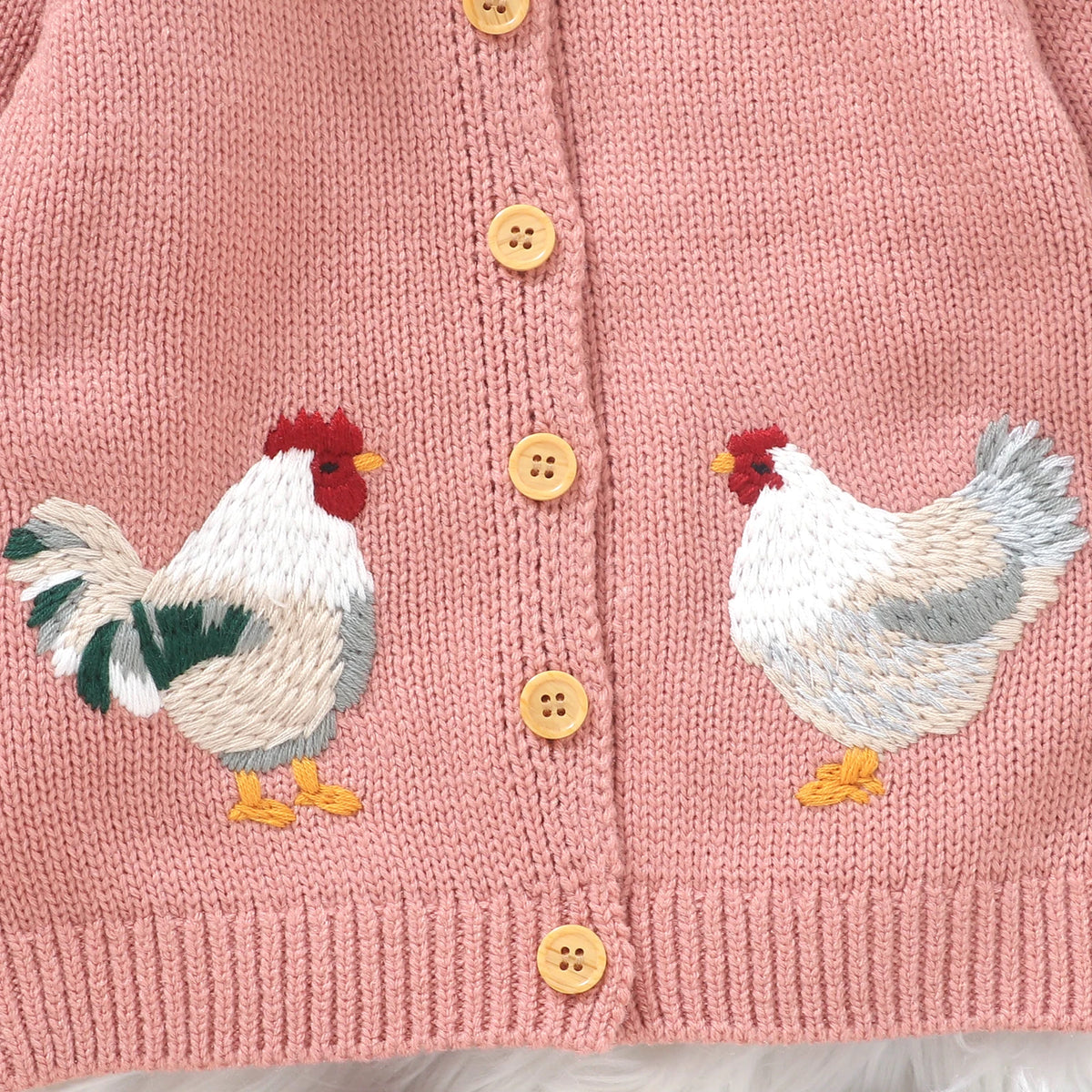 Rooster Embroidered Baby Girl Cardigan with White Ruffle Collar, Long Sleeve Button-Front Knit Sweater in Pink or Green, Sizes 6 Months to 3 Years