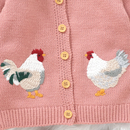Rooster Embroidered Baby Girl Cardigan with White Ruffle Collar, Long Sleeve Button-Front Knit Sweater in Pink or Green, Sizes 6 Months to 3 Years