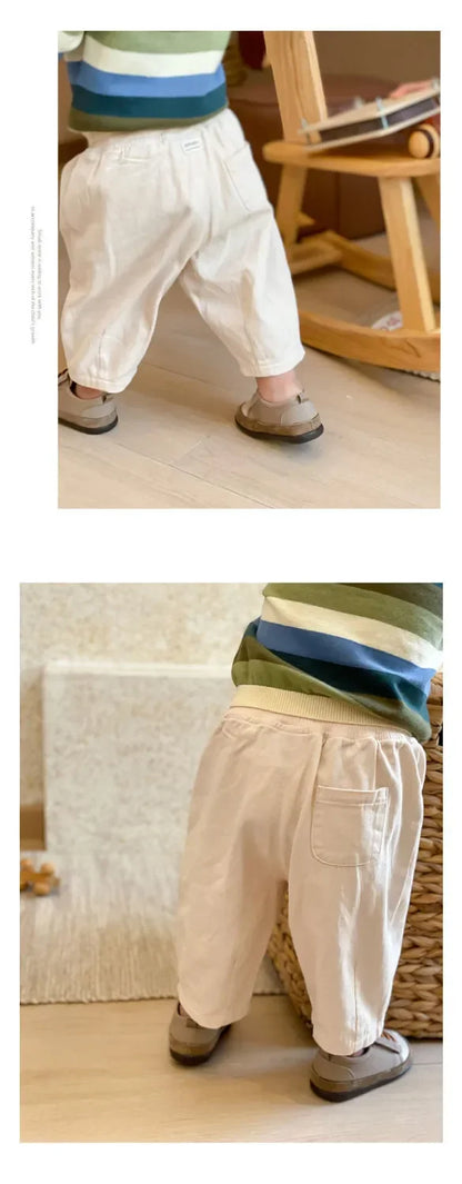 Toddler Pull-On Pants with Elastic Waist and Back Pocket, Solid Color Loose Ankle-Length Trousers for Boys and Girls, Sizes 12M-5T