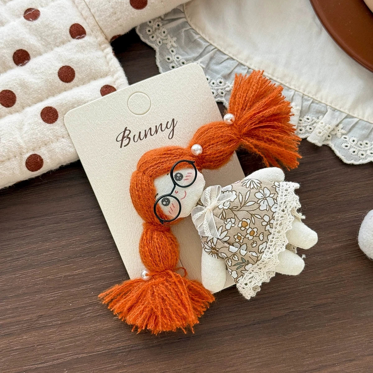 Doll Hair Accessories for Girls, Handmade Cotton Character Hair Clip or Elastic Hair Tie with Floral Dress and Colorful Pigtail Details
