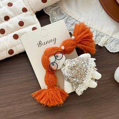 Doll Hair Accessories for Girls, Handmade Cotton Character Hair Clip or Elastic Hair Tie with Floral Dress and Colorful Pigtail Details