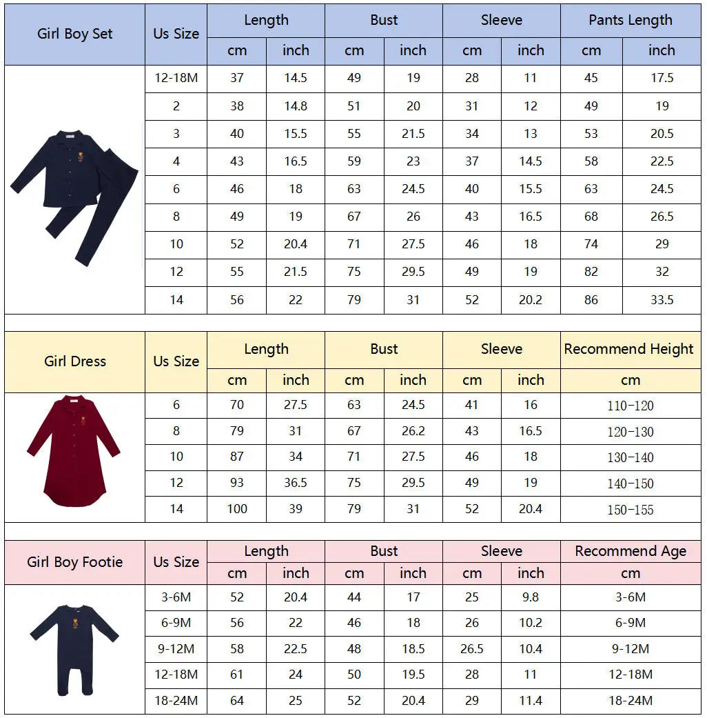 Kids Button Front Loungewear with Teddy Bear Motif, Long Sleeve Shirt and Pants Sets, Dress and Baby Romper Options in Blue, Pink and Red