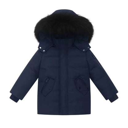 Kids Down Winter Coats with Fur-Trimmed Hoods, Black or Navy Short Bomber and Long Parka Styles for Boys and Girls, Child and Teen Size Options