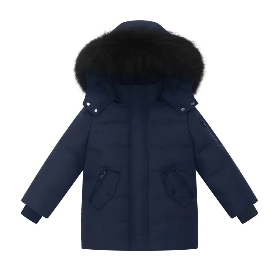 Kids Down Winter Coats with Fur-Trimmed Hoods, Black or Navy Short Bomber and Long Parka Styles for Boys and Girls, Child and Teen Size Options