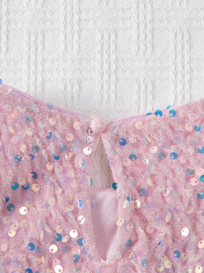 Girls Sequin Party Dress, Short Sleeve Sparkle Dress with Fluffy Mesh Ruffle Hem and Cotton Blend Lining for Birthdays and Holiday Photos, 2T-6T