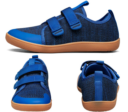 Kids Barefoot-Style Mesh Sneakers with Wide Toe and Double-Strap Fastening, Breathable Knitted Casual Walking Shoes in Gray, Black or Blue for Boys and Girls