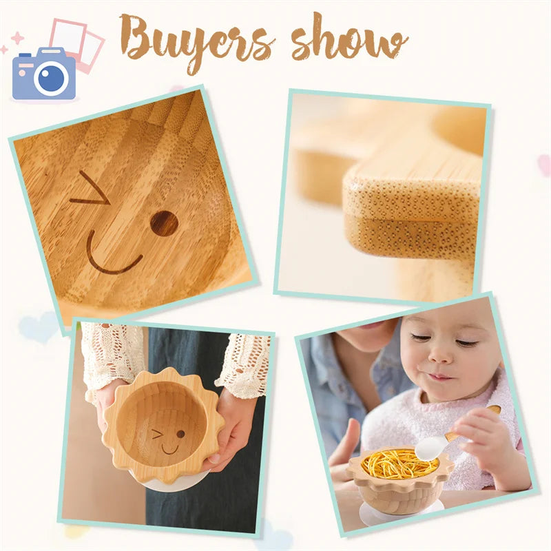 Bamboo Baby Suction Bowl and Tableware Options, Sun, Cloud and Dinosaur Designs with Single-Piece or 3-Piece Wooden-Handle Utensil Sets