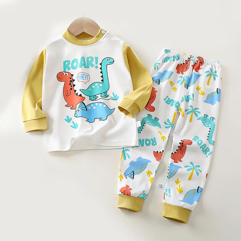 Dinosaur Print Kids Cotton Two-Piece Set with Long Sleeve Top and Matching Cuffed Pants, Unisex Baby and Toddler Outfit in Sizes 73-130