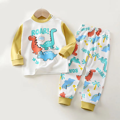 Dinosaur Print Kids Cotton Two-Piece Set with Long Sleeve Top and Matching Cuffed Pants, Unisex Baby and Toddler Outfit in Sizes 73-130