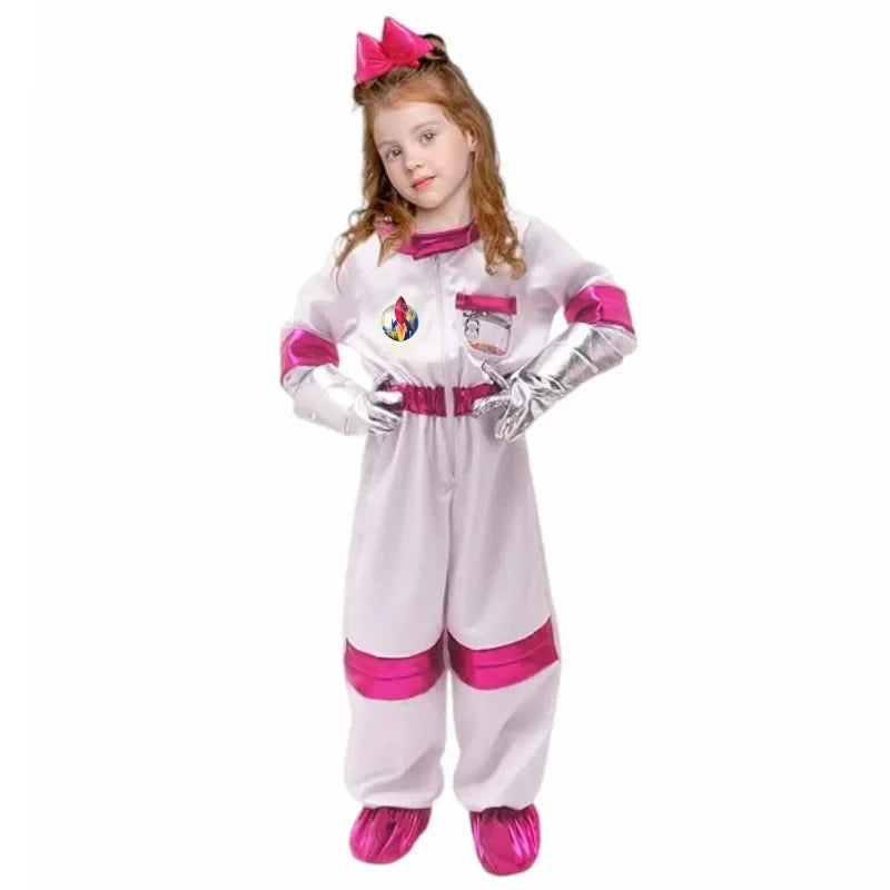 Space Explorer Costume for Kids with White Astronaut Jumpsuit, Space-Themed Patches and Metallic Trim Options for Halloween and Birthday Parties