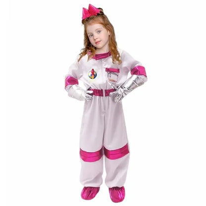Space Explorer Costume for Kids with White Astronaut Jumpsuit, Space-Themed Patches and Metallic Trim Options for Halloween and Birthday Parties