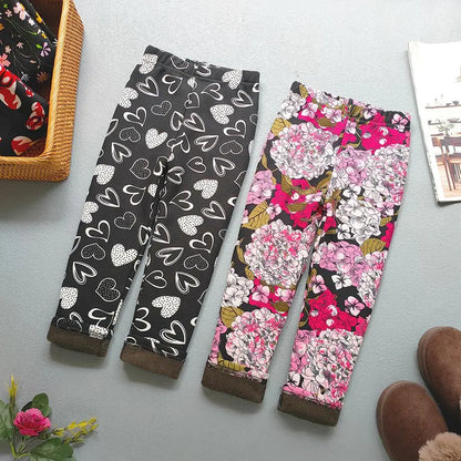 Printed Lined Leggings for Girls, Plush-Textured Winter Pants with Floral Heart and Pattern Options for Toddler and Kids Outfits, Sizes 2-3T to 10-11