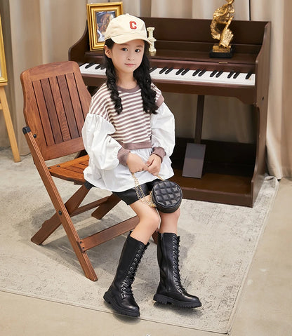 Lace-Up Knee-High Boots for Girls with Side Zippers and Chunky Soles, Black or Beige Motorcycle-Inspired Tall Fashion Shoes, Sizes 27–37