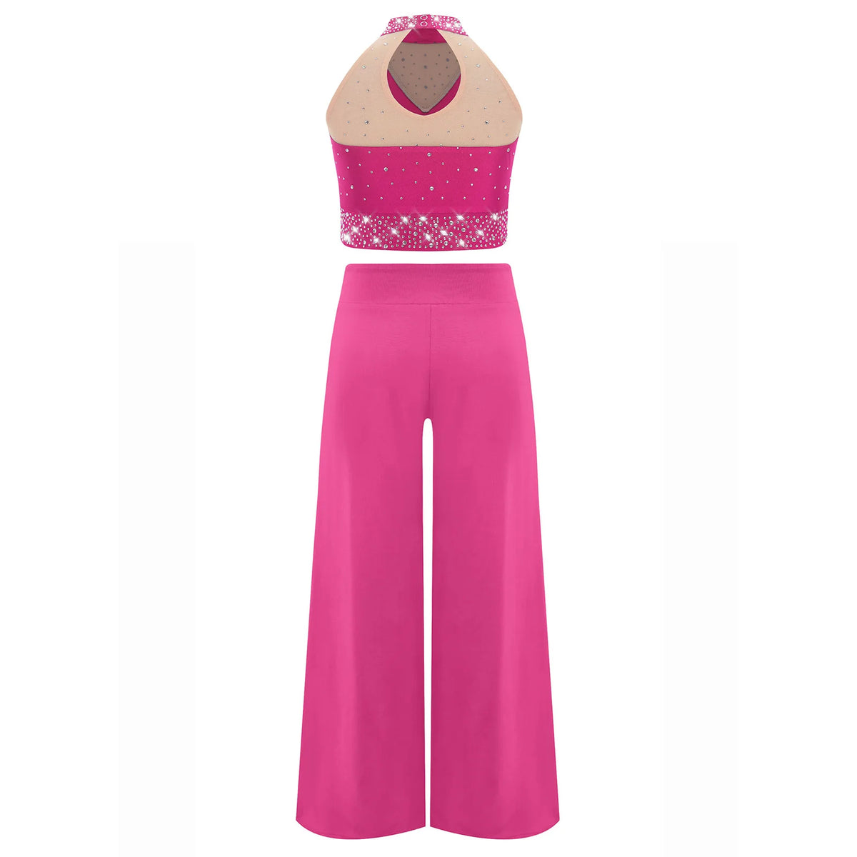 Girls Lyrical Dance Costume Set with Mock Neck Sparkle Top and Wide Leg Pants, Chiffon Overlay and Sleeveless Styles for Recitals and Stage Performances